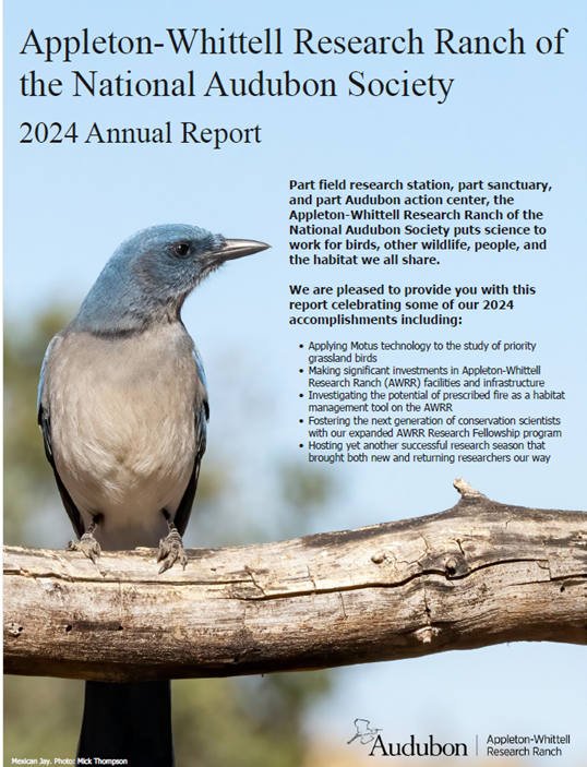 The cover of the Appleton-Whittell Research Ranch's 2024 report featuring a Mexican Jay.