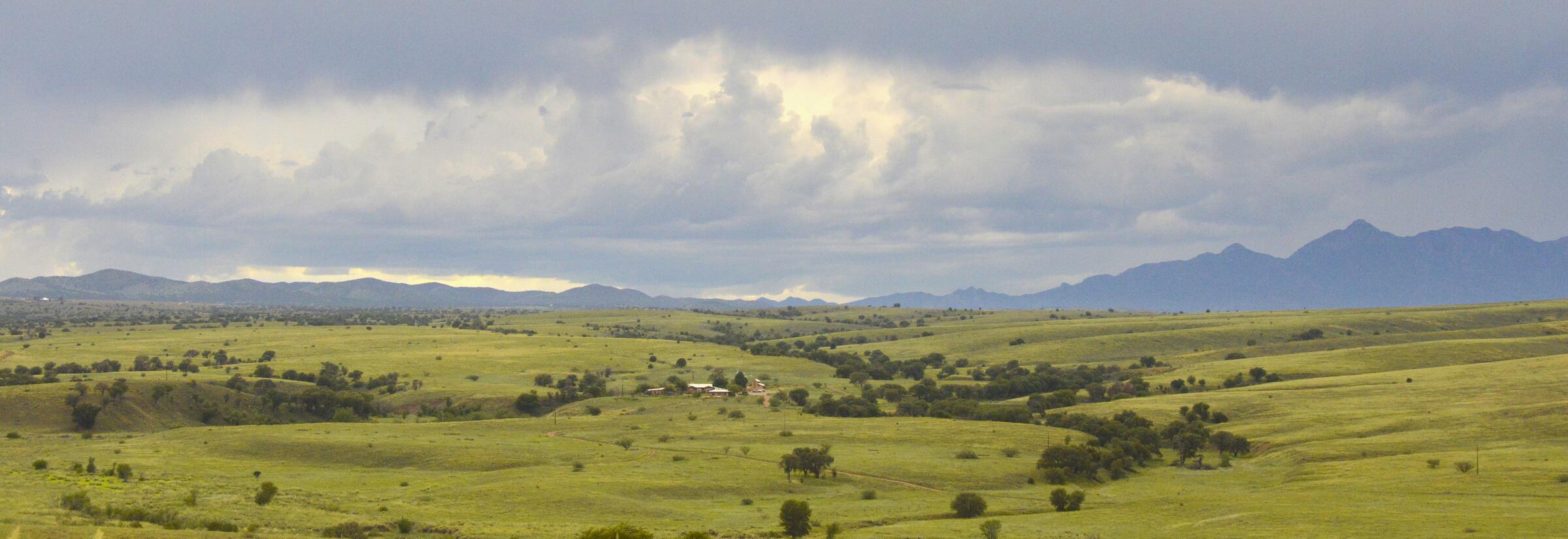 Under stormy skies, a small cluster of buildings is barely visible within a vast, green grassland.